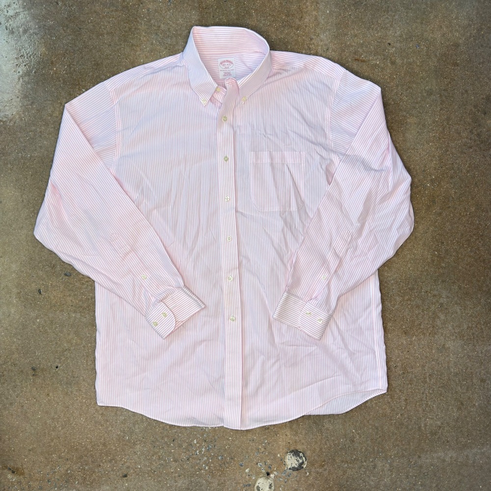 Brooks Brothers 346 Mens 16.5 34/35 Pink White Stripe Non-Iron Cotton Shirt L
